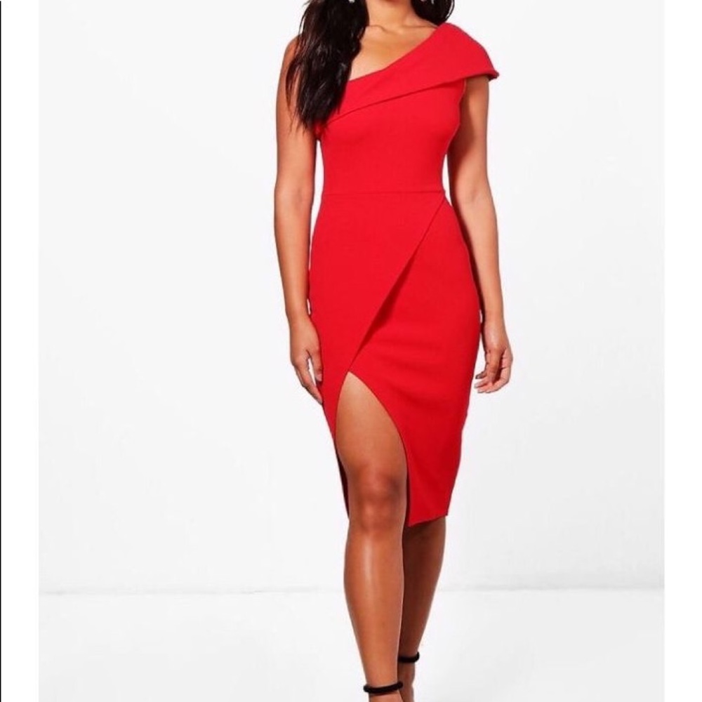 One Shoulder Wrap Skirt Midi Dress
